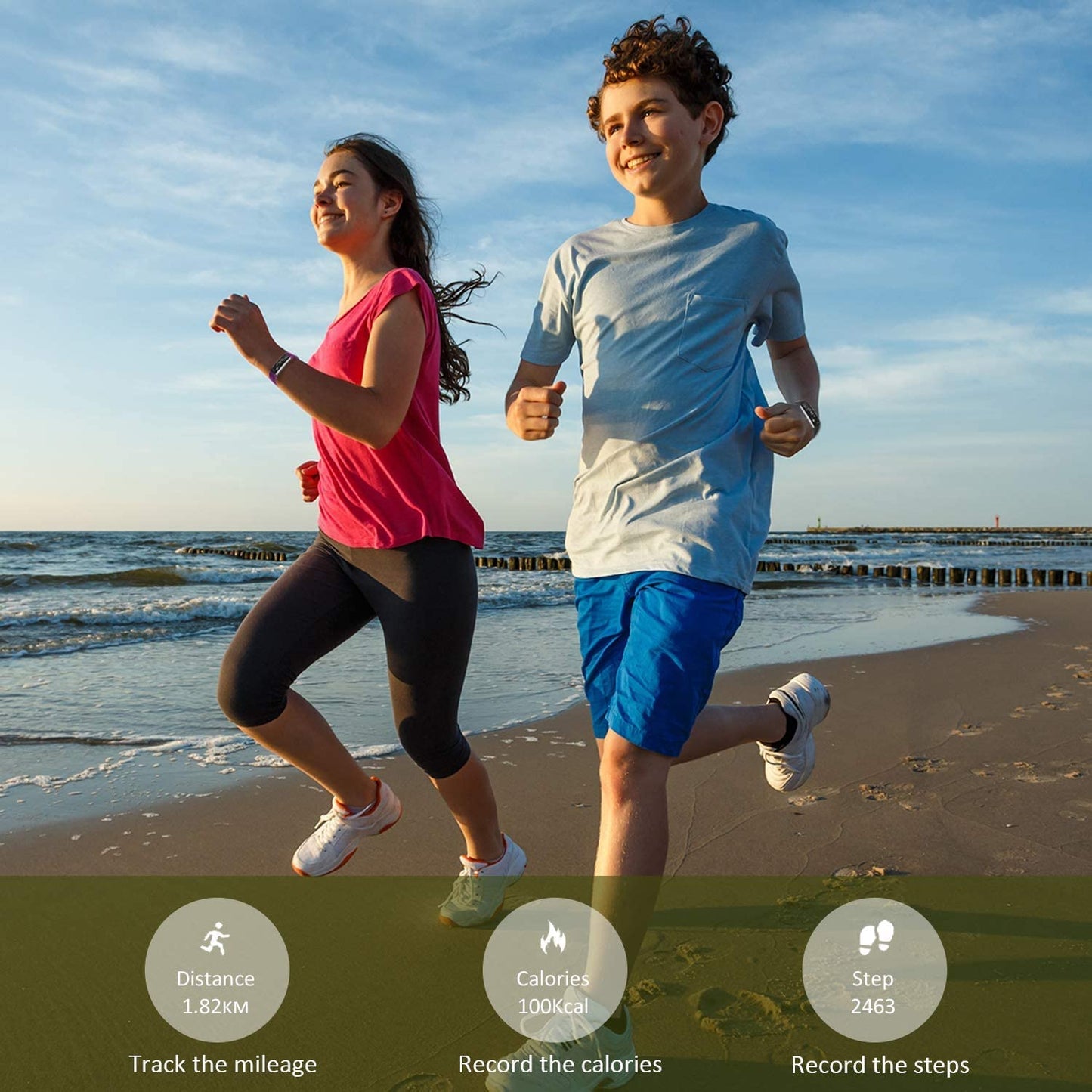 Slim Fitness Tracker Watch for Kids Girls Boys Teens, Waterproof Activity Tracker with Pedometer, Calorie and Step Counter, Sleep Monitor, Silent Alarm Clock(Dual Bands)